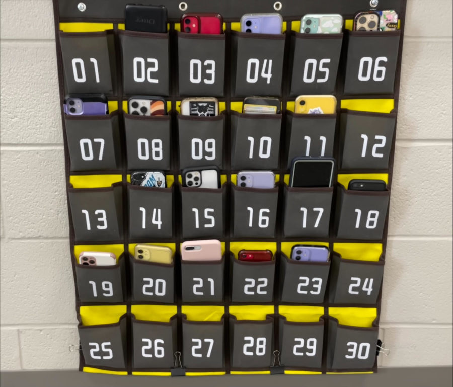 Example of a phone caddy in GVHS classrooms.
